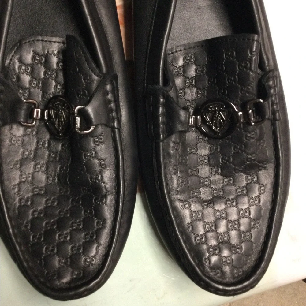 Gucci Black Leather Embossed GG Horsebit Loafers